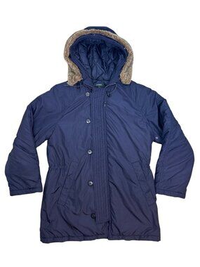 J. Crew Hooded Winter Coat Men's L Navy Blue Removeable Faux Fur Trim